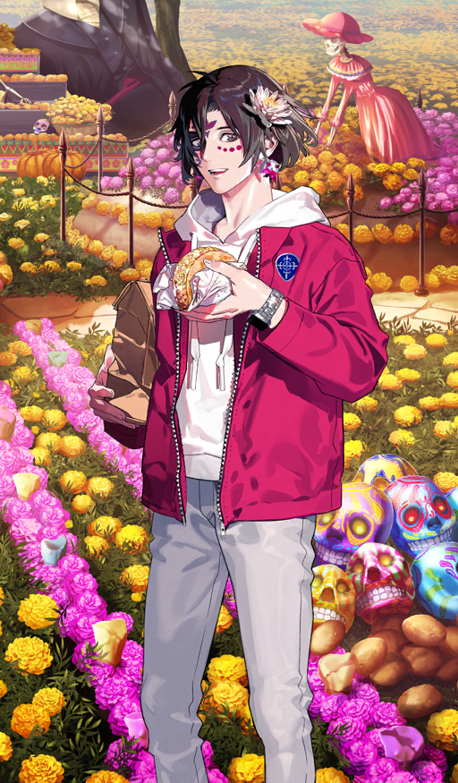 1boy bag black_hair brown_eyes commentary_request constantine_xi_(event_portrait)_(fate) constantine_xi_(fate) day dia_de_muertos drawstring earrings facepaint fate/grand_order fate_(series) feet_out_of_frame field flower flower_field flower_request food food_request grey_pants hair_between_eyes hair_flower hair_ornament holding holding_bag holding_food hood hoodie jacket jacket_over_hoodie jewelry kurahana_chinatsu la_catrina legs_apart long_sleeves looking_at_viewer male_focus official_art open_clothes open_jacket orange_flower outdoors pants paper_bag pink_flower red_jacket short_hair skull solo standing sunlight third-party_source unzipped watch white_hoodie wristwatch yellow_flower zipper