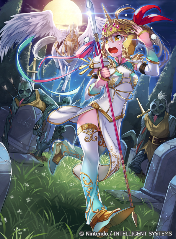 1girl arrow_(projectile) blonde_hair boots bow braid company_name emma_(fire_emblem) female_focus fire_emblem fire_emblem_echoes:_shadows_of_valentia helmet intelligent_systems long_hair matsurika_youko moon night nintendo official_art open_mouth pegasus pegasus_knight_uniform_(fire_emblem) polearm ponytail solo sparkle spear star_(sky) sword teeth tombstone tongue tongue_out tree weapon yellow_eyes zombie