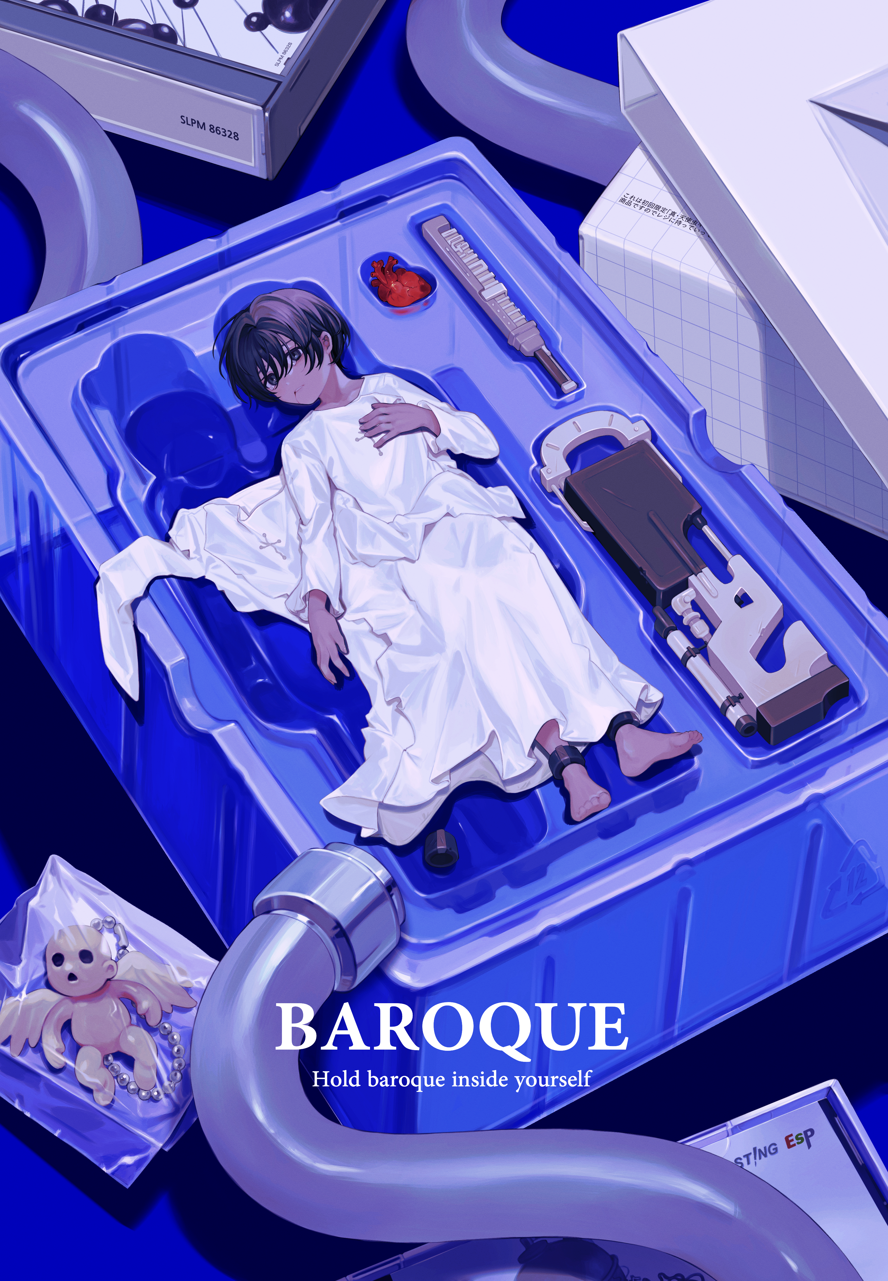 1boy absurdres ankle_cuffs baroque_(series) black_eyes black_hair blue_theme child copyright_name dated_commentary full_body hair_between_eyes heart_(organ) highres long_sleeves looking_at_viewer lying male_focus mop_(shirokumaiceumaiyo) on_back protagonist_(baroque) robe short_hair solo vacuum_tube weapon white_robe wire