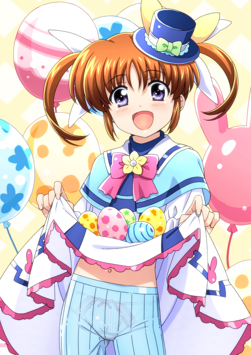 1girl :d balloon blue_capelet blue_eyes blue_hat blue_shorts bow bow_panties bowtie brown_hair capelet clothes_lift collared_dress commentary cowboy_shot crotch_seam dress dress_lift easter easter_egg egg hair_ribbon hat highres lifting_own_clothes long_sleeves looking_at_viewer lyrical_nanoha mahou_shoujo_lyrical_nanoha medium_dress mini_hat mini_top_hat miyajima_hitoshi navel open_mouth panties panties_under_shorts pink_bow pink_bowtie ribbon sailor_collar see-through_clothes short_hair shorts skirt_basket smile solo standing takamachi_nanoha tilted_headwear top_hat twintails underwear white_dress white_ribbon white_sailor_collar