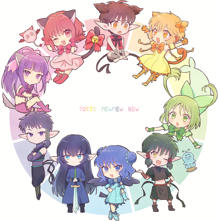 4boys 5girls aizawa_mint androgynous animal_ears bird_girl bird_wings cat_ears cat_girl cat_tail cetacean_tail chibi chibi_only circle_formation color_wheel copyright_name deep_blue_(tokyo_mew_mew) english_text everyone fins fish_tail fong_pudding fujiwara_zakuro magical_girl masha_(tokyo_mew_mew) mew_ichigo mew_lettuce mew_mint mew_pudding mew_zakuro midorikawa_lettuce momomiya_ichigo monkey_girl monkey_tail multiple_boys multiple_girls nuka_(nukamochi) pie_(tokyo_mew_mew) pointy_ears quiche_(tokyo_mew_mew) rainbow_order tail tart_(tokyo_mew_mew) tokyo_mew_mew tokyo_mew_mew_new white_background wings wolf_ears wolf_girl wolf_tail