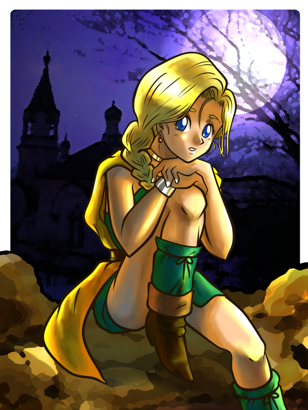1girl bianca_(dq5) blonde_hair blue_eyes boots braid cape dragon_quest dragon_quest_v female_focus hair_over_shoulder head_rest long_hair matirine moon night single_braid solo