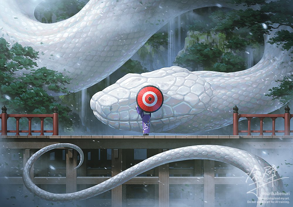 1girl animal bridge giant_snake japanese_clothes kimono long_sleeves nurikabe_(mictlan-tecuhtli) obi original outdoors oversized_animal purple_kimono red_umbrella sash snake standing tree umbrella watermark white_snake