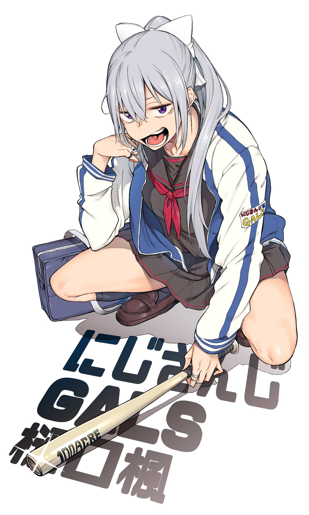 1girl bag baseball_bat baseball_cap black_shirt black_skirt black_socks blouse blue_eyes blue_jacket bow brown_shoes commentary_request copyright_name delinquent diffraction_spikes female_focus frown full_body hair_bow hair_ornament hair_over_shoulder hairclip half-closed_eyes hat highres higuchi_kaede holding holding_baseball_bat jacket jewelry letterman_jacket loafers long_hair looking_at_viewer miniskirt mole mole_under_eye neckerchief nijisanji open_mouth pleated_skirt ponytail red_neckerchief ring school_bag school_uniform serafuku shadow shirt shoes silver_hair simple_background single_horizontal_stripe skirt socks solo spirytus_tarou squatting translation_request virtual_youtuber white_background white_bow