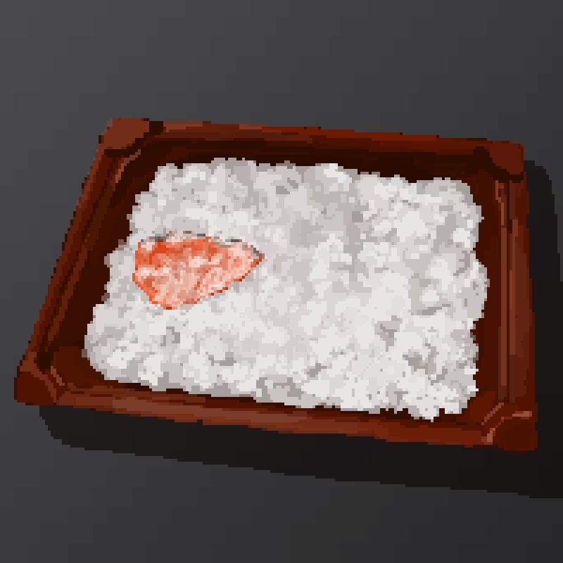bento box filet food food_focus grey_background hisachan55cute no_humans original pixel_art rice salmon shadow simple_background still_life