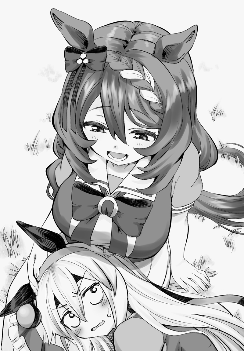 2girls animal_ears bow bowtie braid breasts constricted_pupils ear_bow grass greyscale hairband horse_ears horse_girl horse_tail lap_pillow large_breasts long_hair looking_at_another monochrome multiple_girls okachi open_mouth sailor_collar school_uniform shirt sitting skirt smile super_creek_(umamusume) sweatdrop tail tamamo_cross_(umamusume) tracen_school_uniform umamusume v-shaped_eyebrows