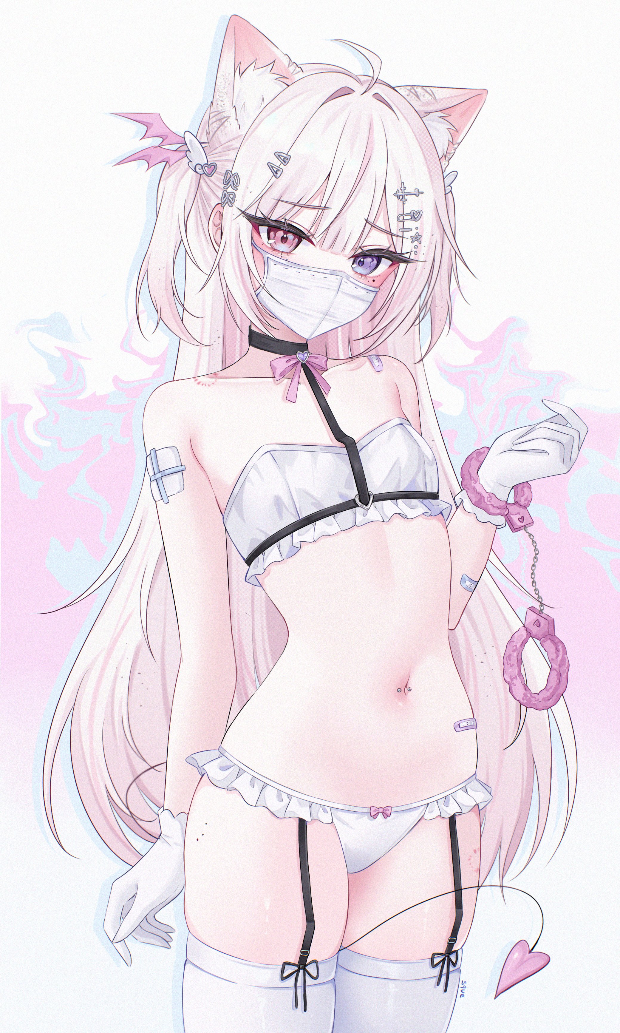 1girl absurdres ahoge animal_ear_fluff animal_ears bandaid bandaid_on_arm bandaid_on_shoulder bandaid_on_stomach bandeau bite_mark bite_mark_on_shoulder bite_mark_on_thigh black_choker bow bow_panties cat_ears choker commentary covered_mouth cowboy_shot cross_hair_ornament cuffs demon_tail flat_chest frilled_panties frills fuzzy_handcuffs garter_straps gauze gauze_on_arm gloves hair_ornament hairclip hand_up handcuffs heterochromia highres legs_together long_hair looking_at_viewer mask mole mole_under_eye mouth_mask navel navel_piercing original panties piercing pink_bow pink_eyes pink_hair purple_eyes solo standing star_(symbol) star_hair_ornament stomach stomach_day symbol-only_commentary tail thighhighs two_side_up underwear very_long_hair white_bandeau white_gloves white_mask white_panties white_thighhighs wing_hair_ornament zxcsque