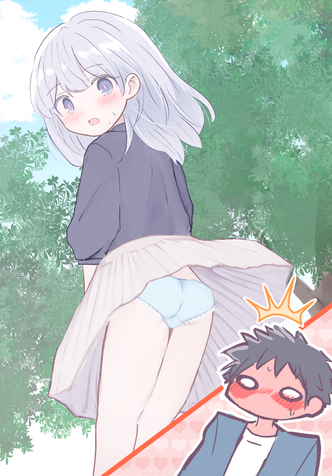 1boy 1girl ^^^ ass bare_legs black_hair black_shirt blue_eyes blue_jacket blue_panties blue_sky blush cloud collared_shirt commentary_request commission d: dot_nose embarrassed feet_out_of_frame from_behind full-face_blush grey_hair hair_between_eyes jacket looking_at_viewer looking_back medium_hair no_mouth no_nose nose_blush open_mouth original outdoors paid_reward_available panties pantyshot picot_trim_panties pink_pupils pixiv_commission pleated_skirt sarada_(meaf3748) shirt short_hair skirt sky sleeves_rolled_up standing surprised sweatdrop three-quarter_sleeves tree trefoil underwear upper_body upskirt very_short_hair white_skirt wide_oval_eyes wind wind_lift