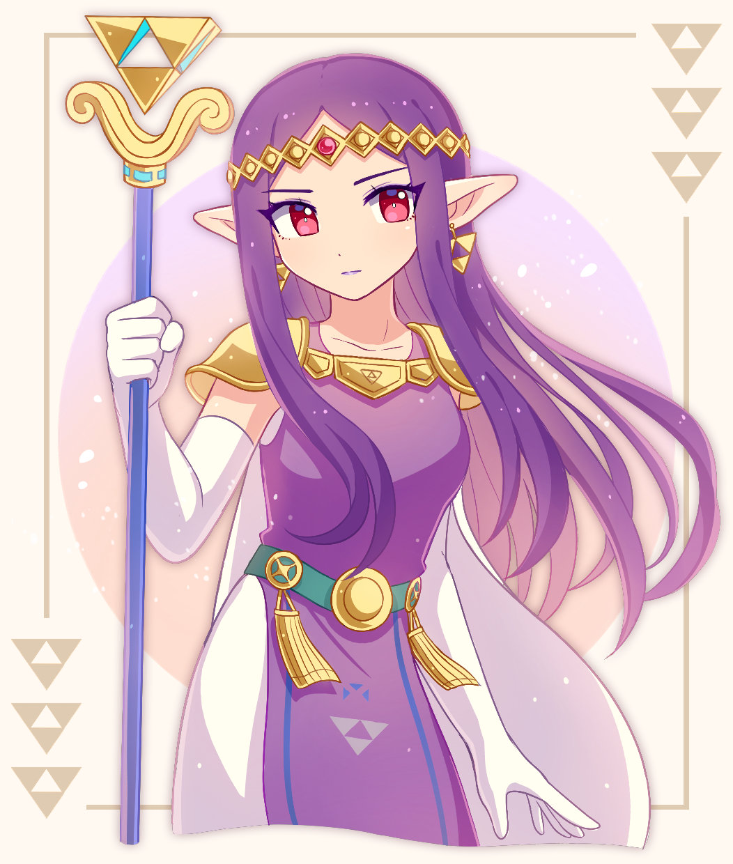 1girl armor cape circlet closed_mouth collarbone commentary cropped_legs dress earrings elbow_gloves english_commentary enni eyelashes gloves gold_earrings highres holding holding_staff jewelry long_hair looking_at_viewer nintendo parted_bangs pauldrons pointy_ears princess_hilda purple_dress purple_hair purple_lips red_eyes shoulder_armor sidelocks simple_background solo staff tassel the_legend_of_zelda the_legend_of_zelda:_a_link_between_worlds triforce triforce_print white_background white_cape white_dress white_gloves