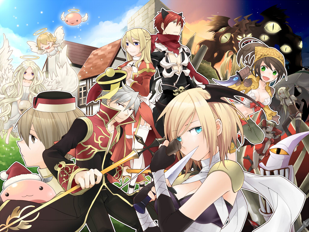&gt;_&lt; 5boys 5girls :3 :d acolyte_(ragnarok_online) angel angel_wings angeling animal_ears armor assassin_(ragnarok_online) assassin_cross_(ragnarok_online) bandages bandana biretta black_coat black_footwear black_gloves black_headwear black_legwear black_panties black_pants black_shirt black_wings blonde_hair blue_eyes boots bow bow_bra bra braid breasts brown_gloves brown_hair brown_headwear brown_jacket brown_shorts cassock cat_ears clarisse_(granblue_fantasy) cleavage closed_mouth coat commentary_request cowboy_shot cross dagger demon demon_boy demon_girl demon_wings dress dual_wielding elbow_gloves extra_eyes false_angel feathered_wings fingerless_gloves french_braid garter_straps gloves green_eyes grey_hair hair_between_eyes halo hat head_wings high_priest_(ragnarok_online) holding holding_dagger holding_knife holding_skull holding_staff holding_weapon horns house ice_pick incubus_(ragnarok_online) jacket juliet_sleeves knife living_weapon long_hair long_sleeves looking_afar looking_at_viewer medium_breasts medium_hair midriff mistress_of_shelter monster multicolored_coat multiple_boys multiple_girls navel negi_mugiya ofuda ogretooth open_clothes open_coat open_mouth open_shirt own_hands_together panties pants pauldrons poring priest_(ragnarok_online) puffy_sleeves purple_eyes purple_shirt qingdai_guanmao ragnarok_online red_bow red_coat red_dress red_eyes red_hair red_scarf sash satan_morroc scarf shirt short_hair shorts shoulder_armor shrug_(clothing) skull sleeveless sleeveless_shirt smile staff succubus_(ragnarok_online) sunglasses suspenders sword thief_(ragnarok_online) thighhighs torn_clothes torn_scarf two-tone_coat two-tone_dress underwear upper_body very_long_hair weapon white_bra white_dress white_legwear white_sash white_wings wickebine_tres wings