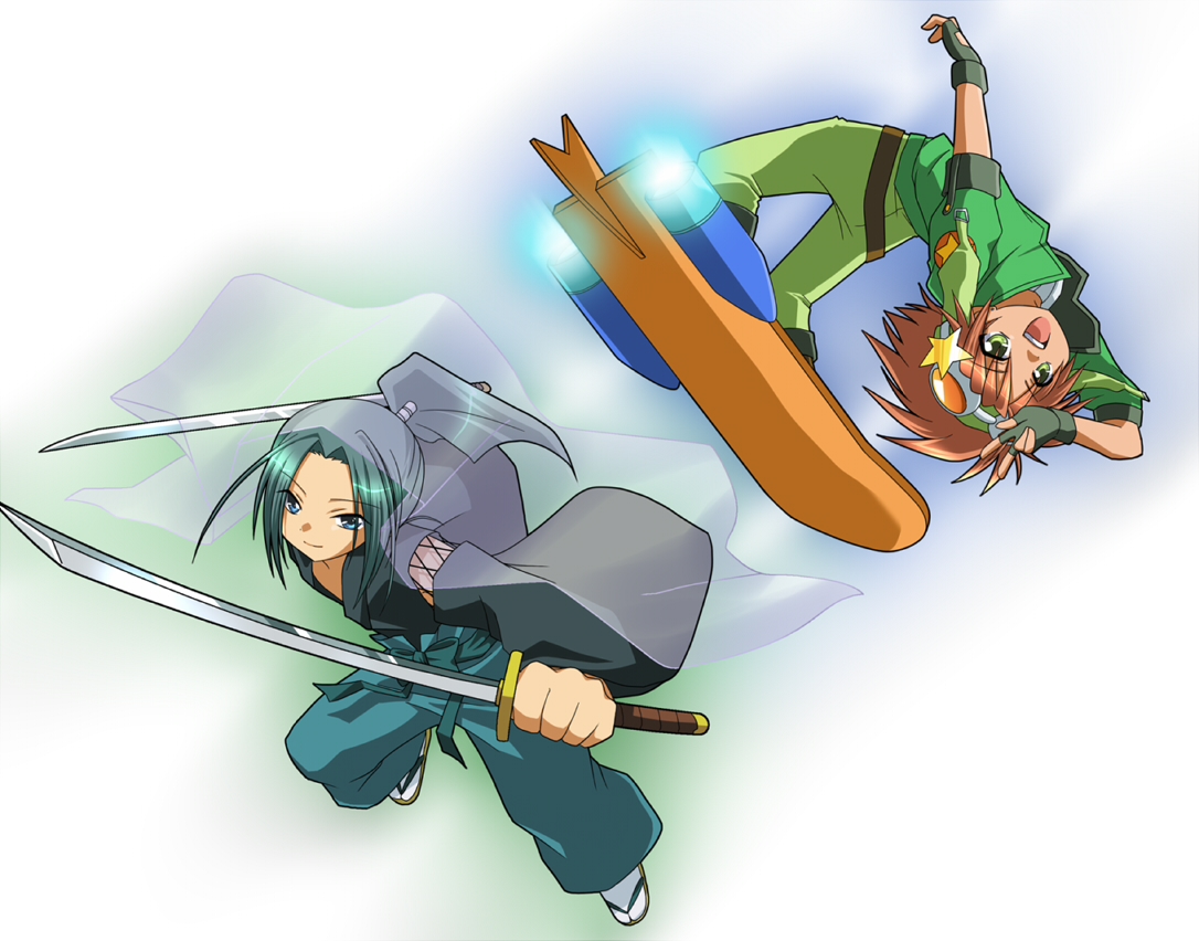 2boys blue_eyes closed_mouth fingerless_gloves full_body gloves green_eyes green_hair green_jacket green_pants high_ponytail jacket japanese_clothes long_hair looking_at_viewer male_focus multiple_boys official_style open_mouth orange_hair pants ponytail samurai_soul sanjou_kairi short_hair short_sleeves shugo_chara! skateboard sky_jack souma_kuukai take_no_ko v