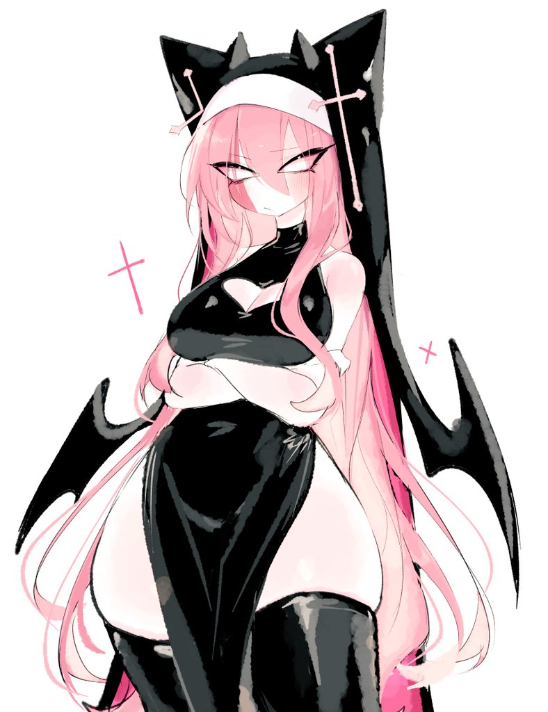 bare_shoulders blush breasts cleavage cleavage_cutout clothing_cutout colored_skin cross demon_girl demon_horns demon_wings friday_night_funkin&#039; heart_cutout horns large_breasts long_hair looking_at_viewer nun pink_hair pink_skin sarvente_(friday_night_funkin&#039;) side_slit thick_thighs thighhighs thighs usa37107692 veil very_long_hair white_eyes white_skin wide_hips wings
