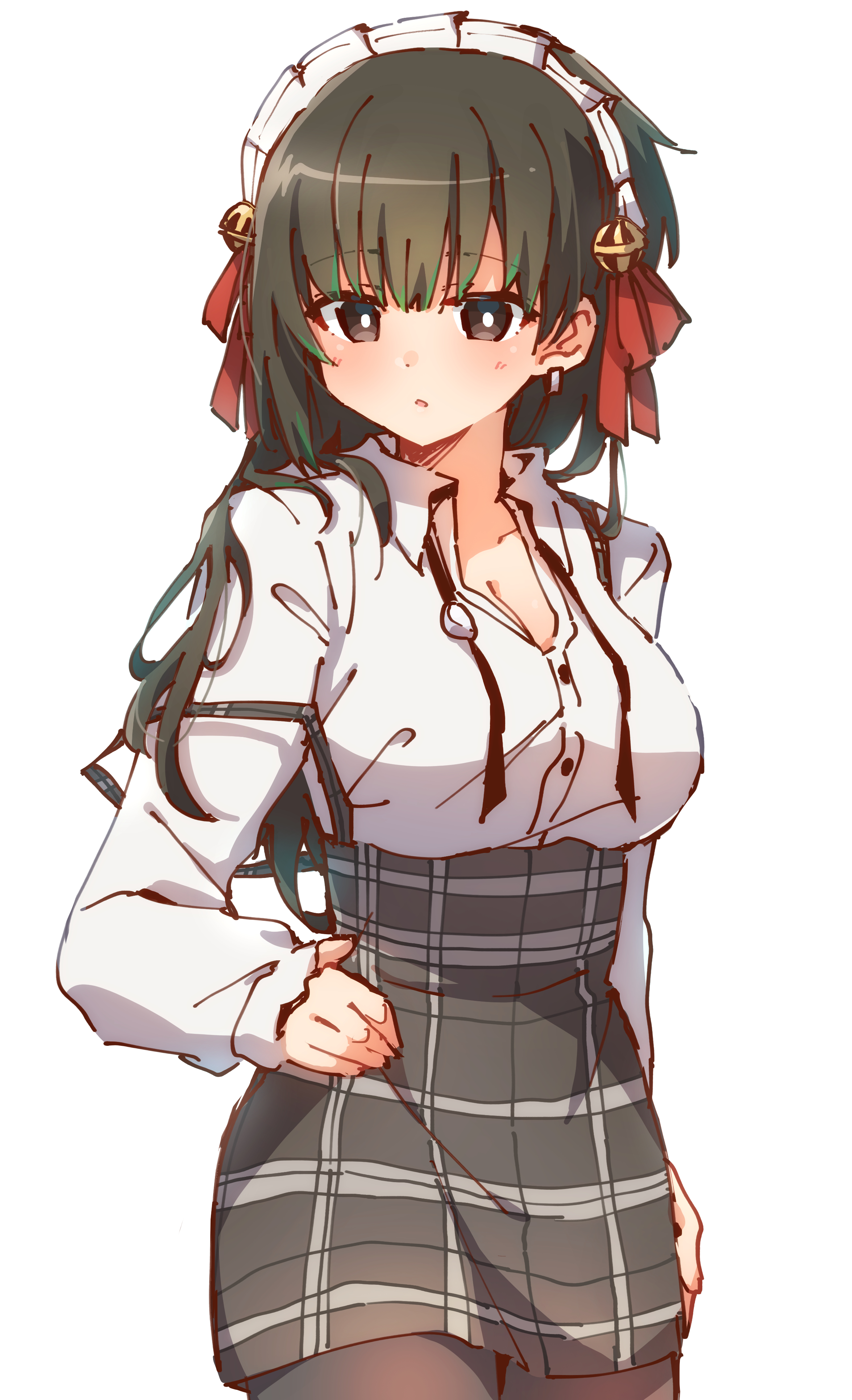 1girl absurdres bell black_eyes black_hair breasts bright_pupils brown_pantyhose cleavage collared_shirt commentary_request cowboy_shot dress_shirt grey_skirt hair_ribbon hand_on_own_hip high-waist_skirt highres jingle_bell kimi_wa_meido-sama large_breasts long_hair long_sleeves maid_headdress neck_ribbon nyaa_(nnekoron) pantyhose parted_lips plaid_clothes plaid_skirt red_ribbon ribbon shirt simple_background skirt solo standing strap_slip undone_neck_ribbon white_background white_pupils white_shirt yuki_(kimi_wa_meido-sama)