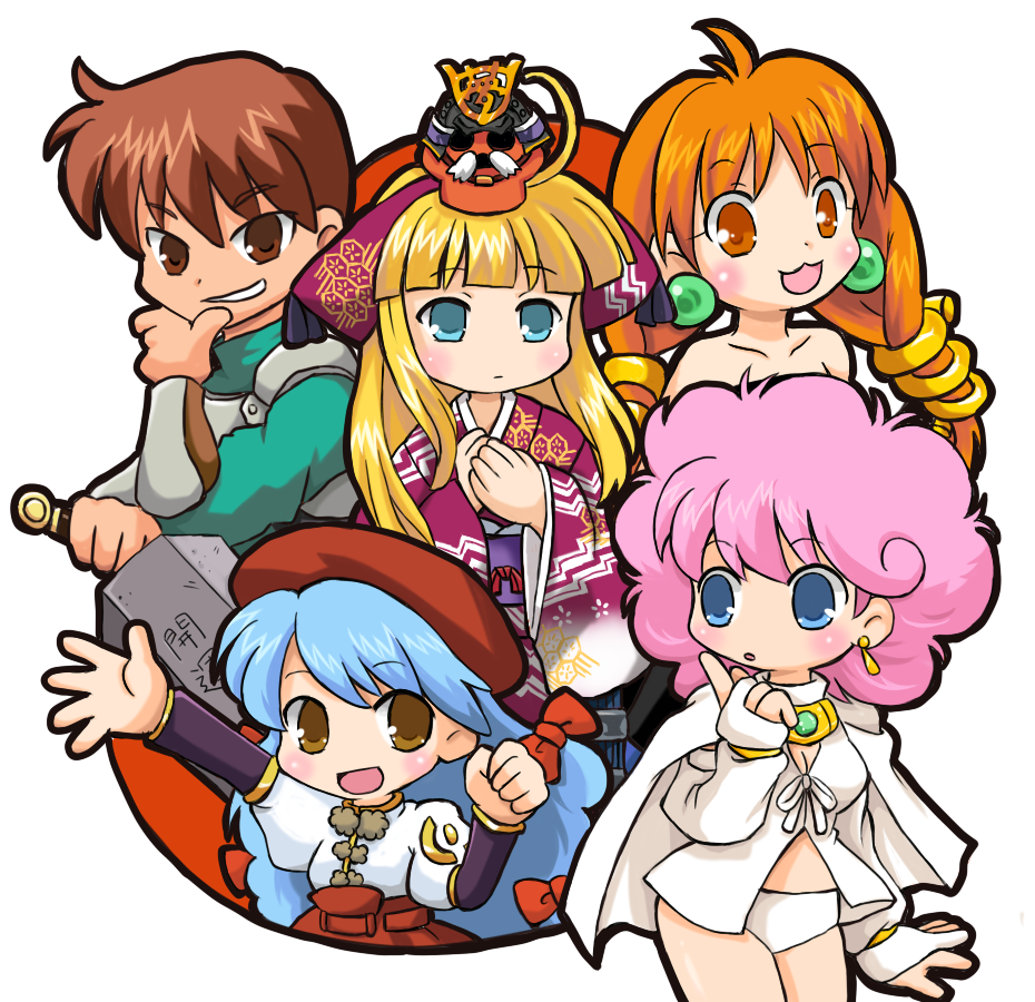 1boy 4girls afro alice_soft armor athena02 bad_id bad_pixiv_id bow chibi collar earrings hair_ornament hat jewelry kopandon_dot multiple_girls panties piko-yan rance rance_(series) rizna_lanfebit sill_plain smile sword underwear weapon