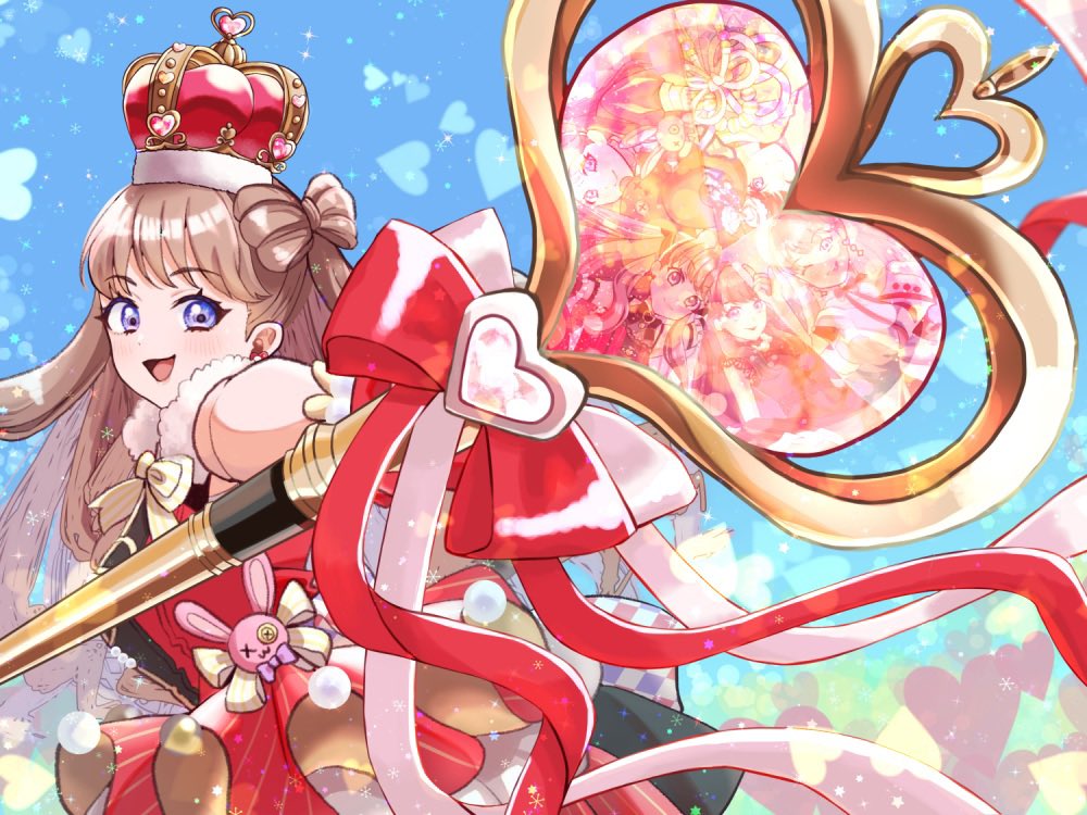 1girl arched_crown blue_sky breasts brown_hair commentary_request cowboy_shot crown do!_do!_do!_(love_live!) dress fujishima_megumi gloves hakuchu_a_la_mode heart holding holding_staff identity_(love_live!) link!_like!_love_live! long_hair love_live! medium_breasts miracreation/elegance purple_eyes red_crown red_dress red_gloves reflection short_dress sky sleeveless sleeveless_dress solo staff tamago_(tmgo_o) two_side_up virtual_youtuber