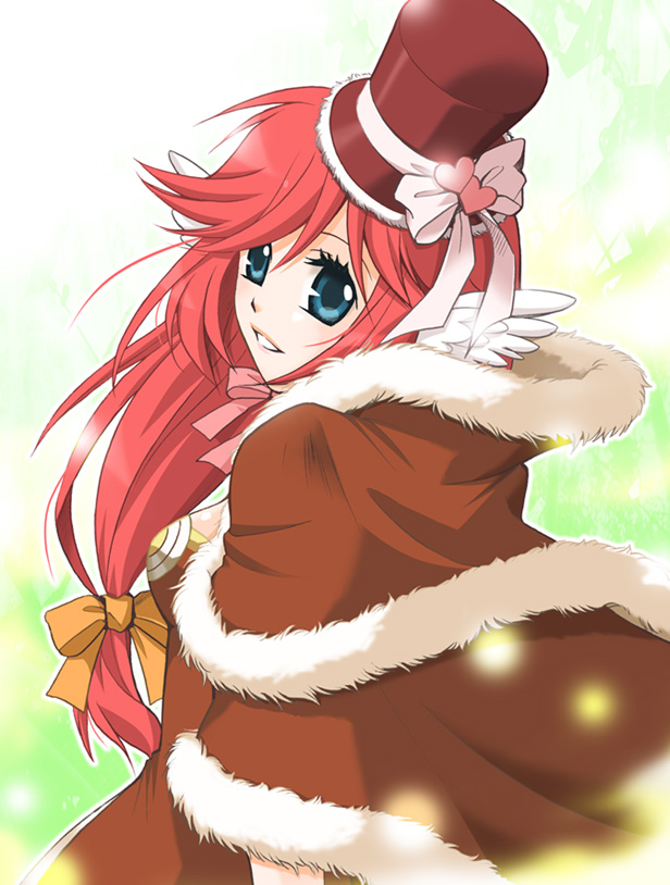 1girl blue_eyes bow breasts brown_cape brown_dress brown_hat cape commentary_request dress feathered_wings fur-trimmed_cape fur-trimmed_headwear fur_trim green_background hat hat_bow head_wings high_wizard_(ragnarok_online) long_hair looking_at_viewer looking_back medium_breasts ragnarok_online red_hair shiikasan smile solo top_hat upper_body white_bow white_wings wings