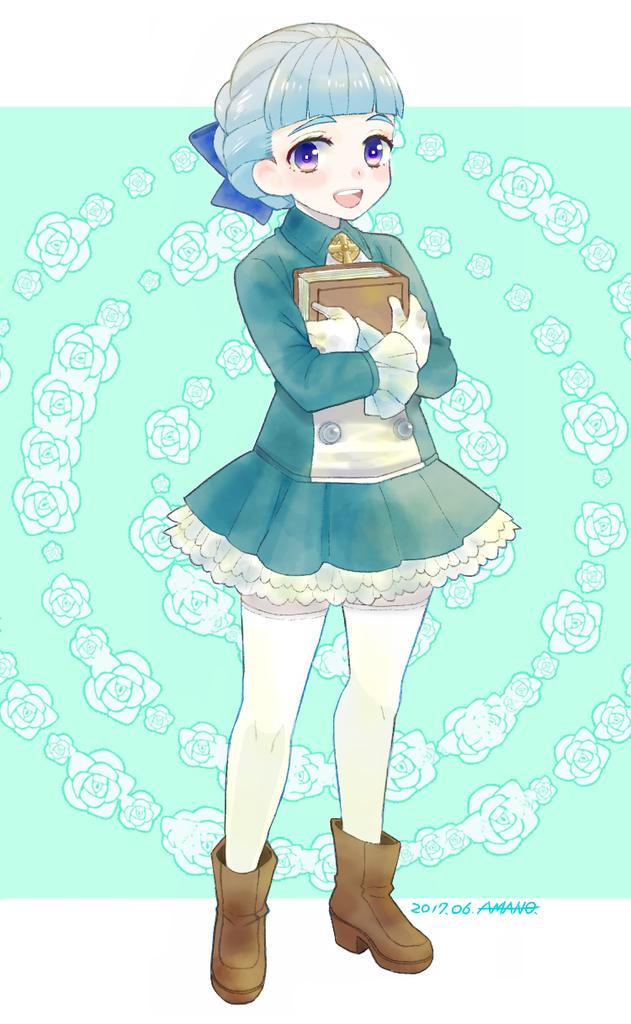 1girl alice_elliot amenoimo blue_eyes book boots bow braid buttons dated dress flower full_body hair_bow jewelry looking_at_viewer open_mouth shadow_hearts short_hair skirt smile solo thighhighs white_hair white_thighhighs