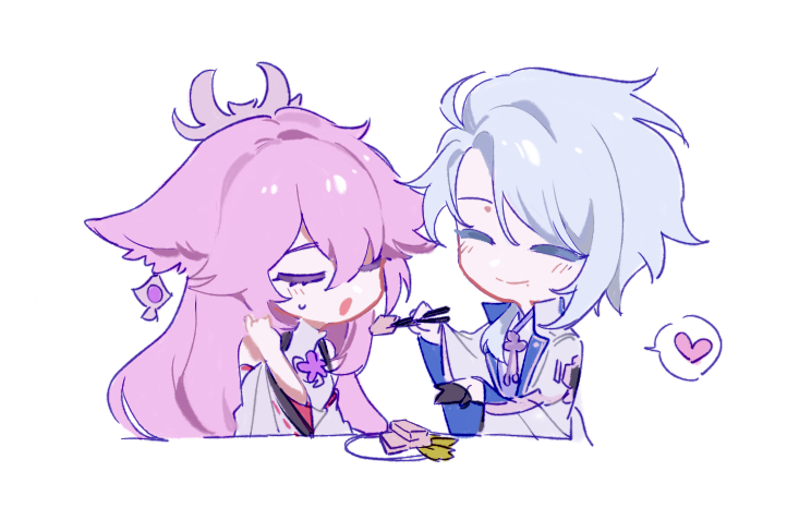 1boy 1girl animal_ear_piercing animal_ears blue_hair chibi chibi_inset chinese_commentary chopsticks closed_eyes closed_mouth coat collared_coat couple detached_sleeves feeding food genshin_impact hair_between_eyes headpiece heart hetero holding holding_chopsticks japanese_clothes jewelry kamisato_ayato light_blush light_smile long_hair long_sleeves open_mouth pendant pink_hair plate short_hair simple_background spoken_heart standing sugar1045 sweatdrop table very_long_hair wagashi wavy_mouth white_background white_coat wide_sleeves yae_miko