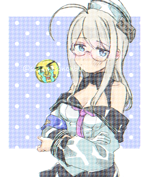 1girl 1other ahoge armband black_sailor_collar blue_eyes dixie_cup_hat glasses gloves grey_hair hat headgear heywood_l._edwards_(kancolle) houndstooth kantai_collection long_hair looking_at_viewer military_hat neckerchief off-shoulder_shirt off_shoulder pink_neckerchief sagamiso sailor_collar school_uniform serafuku shirt single_glove twitter_username upper_body watermark white_gloves white_shirt