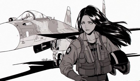 1girl ace_combat ace_combat_04 aircraft airplane black_hair collarbone fighter_jet hand_on_own_hip helmet holding long_hair looking_to_the_side military military_vehicle monochrome namco patch pilot pilot_helmet pilot_suit shadow signature skyleranderton solo standing su-37 yellow_4