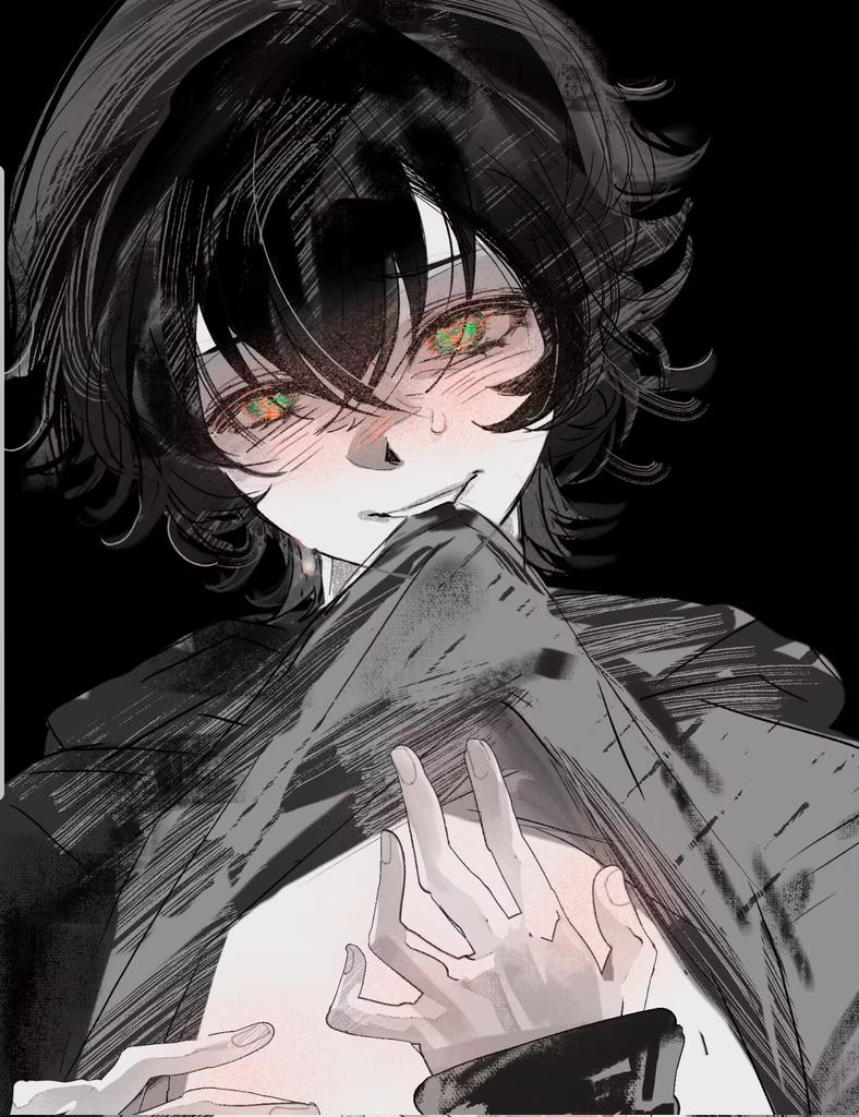 1boy black_background black_hair black_hoodie blush clothes_in_mouth degrees_of_lewdity freesia_quan green_eyes hair_between_eyes hood hoodie kylar_(degrees_of_lewdity) kylar_(male)_(degrees_of_lewdity) long_sleeves looking_at_viewer male_focus mouth_hold shirt_in_mouth short_hair smile solo sweatdrop
