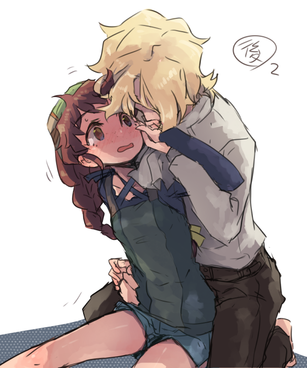 1boy 1girl barefoot blonde_hair blue_shorts blue_sleeves blush braid braided_ponytail brown_eyes brown_hair brown_pants collarbone couple criss-cross_halter embarrassed freckles hair_over_eyes hair_ribbon halterneck isuzu_(log_horizon) kneeling log_horizon long_hair long_sleeves looking_at_another lunderhaus_cord mo_(deciliter) open_mouth pants ponytail ribbon short_shorts shorts side_slit simple_background single_braid sitting sketch wavy_mouth white_background yellow_ribbon