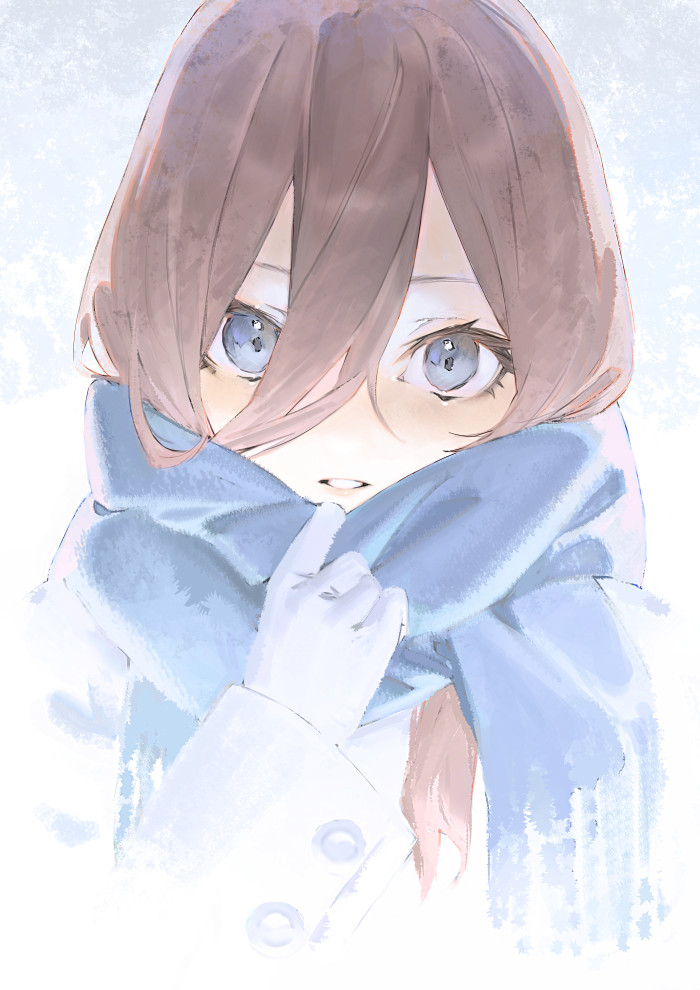 1girl adjusting_scarf blue_eyes blue_scarf brown_hair enpera gloves go-toubun_no_hanayome hair_between_eyes long_hair long_hair_between_eyes long_sleeves looking_at_viewer mi8pq nakano_miku parted_lips portrait scarf solo upper_body white_gloves
