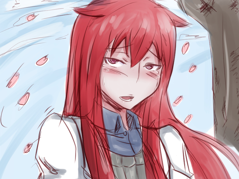 1girl blush lab_coat long_hair mon-musu_quest! pale_skin petals promestein red_eyes red_hair