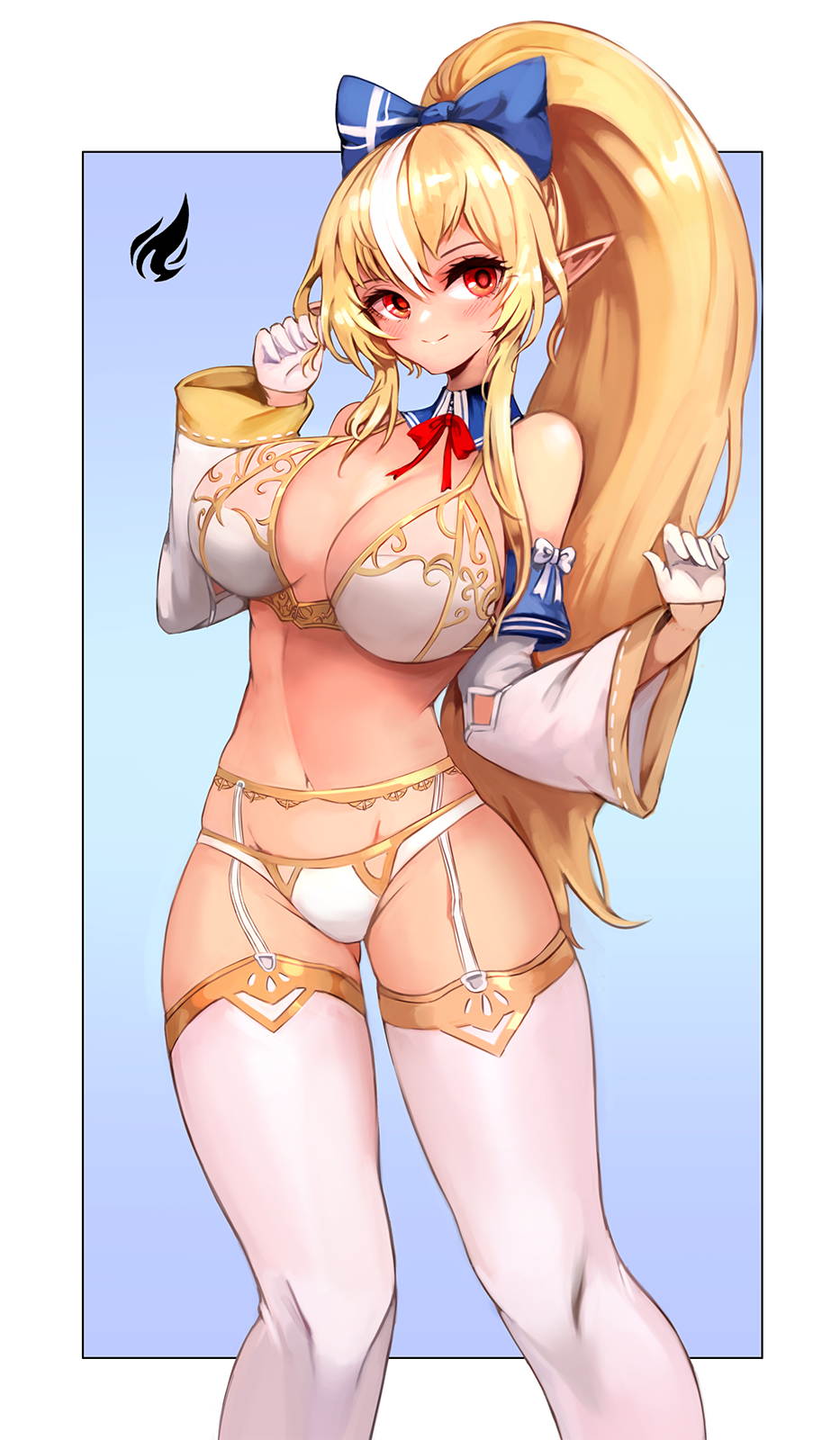 1girl blonde_hair blue_bow blush border bow bra breasts closed_mouth dark-skinned_female dark_elf dark_skin detached_collar detached_sleeves elf feet_out_of_frame garter_belt gloves gold_trim hair_bow hand_up high_ponytail highres hololive large_breasts lingerie long_hair looking_to_the_side neck_ribbon notte panties pointy_ears ponytail red_eyes red_ribbon ribbon shiranui_flare shiranui_flare_(1st_costume) smile solo standing tan thighhighs underwear virtual_youtuber white_border white_bra white_gloves white_panties white_thighhighs