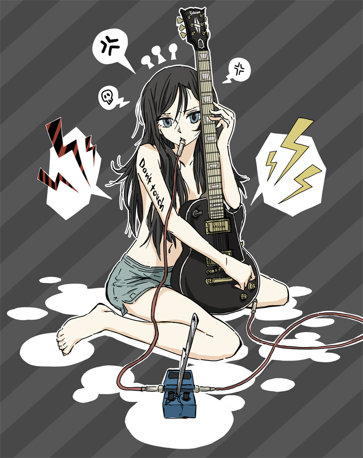 1girl anger_vein arakawa_(aintnoroom) arm_tattoo barefoot black_hair blue_eyes blue_shorts cable_in_mouth commentary_request convenient_censoring effects_pedal electric_guitar eyelashes gibson_les_paul guitar holding holding_guitar holding_instrument instrument long_hair original outline shorts solo spoken_anger_vein spoken_lightning_bolt spoken_skull tattoo topless_female white_outline