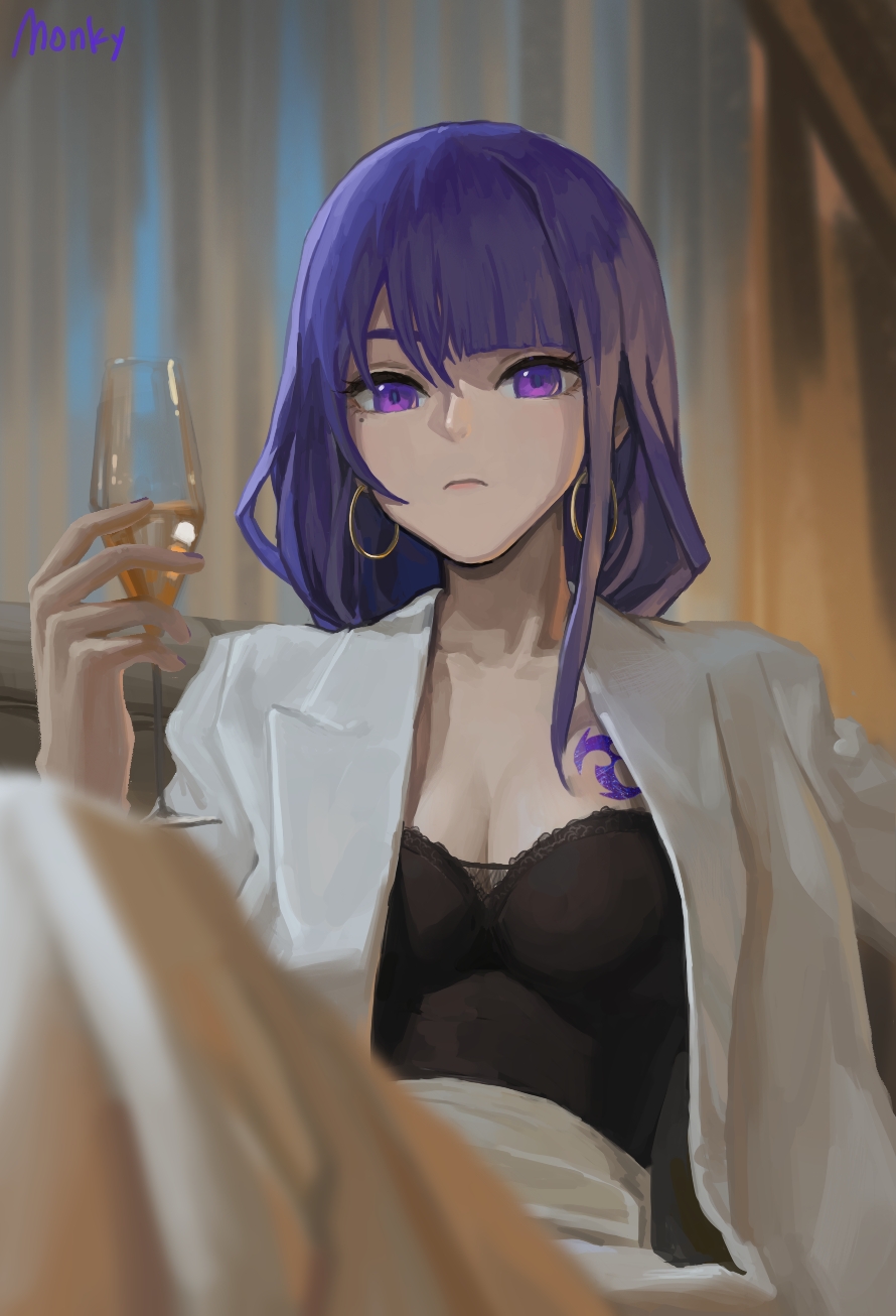 1girl alcohol alternate_costume blunt_bangs blurry breasts champagne chest_tattoo cleavage collarbone commentary_request crossed_legs cup depth_of_field drinking_glass earrings genshin_impact highres holding holding_cup jewelry long_hair long_sleeves looking_at_viewer low_ponytail mitsudomoe_(shape) mole mole_under_eye monky ponytail purple_eyes purple_hair raiden_shogun sidelocks simple_background sitting skirt solo tattoo tomoe_(symbol) white_skirt wine_glass