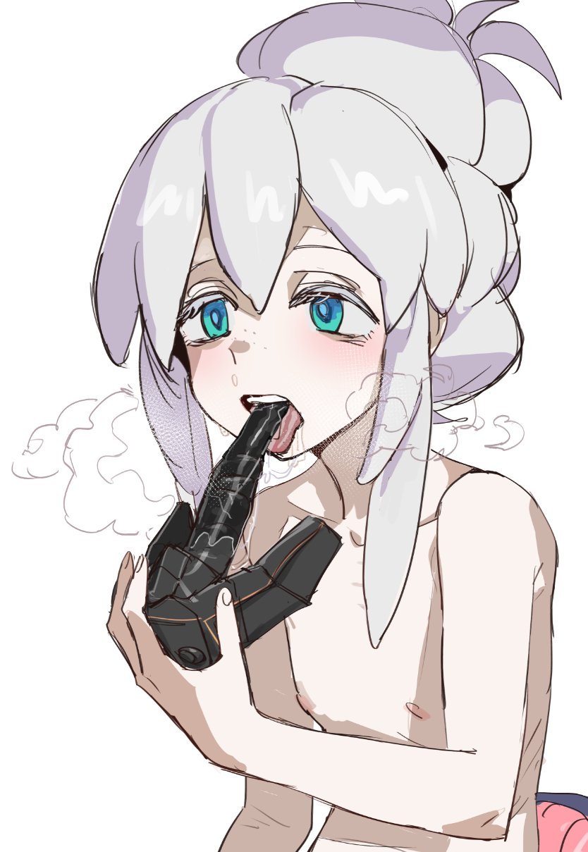 1girl black_mask blue_eyes blush bow_(bhp) colored_eyelashes deux_murasame dildo_under_mask freckles grey_hair gundam gundam_gquuuuuux hair_bun highres long_hair mask masked mouth_mask petite purple_pupils shoulder_blades simple_background updo white_background white_eyelashes white_hair