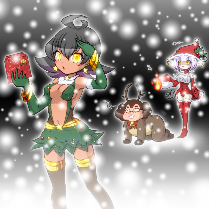 10s 2girls bidoof black_hair breasts chandelure christmas cleavage dark-skinned_female dark_skin detached_sleeves freckles gen_4_pokemon gen_5_pokemon gift glasses gloves gothic_lolita hat large_breasts lolita_fashion luxio multiple_girls navel nintendo no_pants open_mouth personification pokemon pokemon_bw purple_hair reindeer santa_costume santa_hat shiratsuki_(royal_moon) short_hair skirt sleeves_past_wrists snow thighhighs yellow_eyes