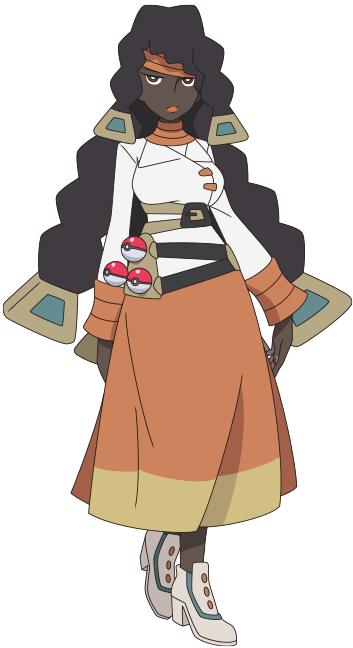 1girl breasts bright_pupils brown_eyes chalce_(pokemon) closed_mouth dark-skinned_female dark_skin full_body grey_footwear hair_ornament headband high_heels holster lipstick long_hair long_sleeves makeup nintendo official_art orange_headband orange_lips orange_skirt poke_ball poke_ball_(basic) pokemon pokemon_(anime) pokemon_horizons shirt skirt solo standing strap transparent_background twintails white_pupils white_shirt