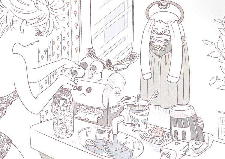 1girl arrow_(projectile) boudoir bruno_bucciarati cup female_focus food fruit giorno_giovanna guido_mista hair_dryer jojo_no_kimyou_na_bouken kumino kumino_(soup) leone_abbacchio mirror monochrome narancia_ghirga objectification pannacotta_fugo short_hair solo strawberry toothbrush trish_una vento_aureo zipper