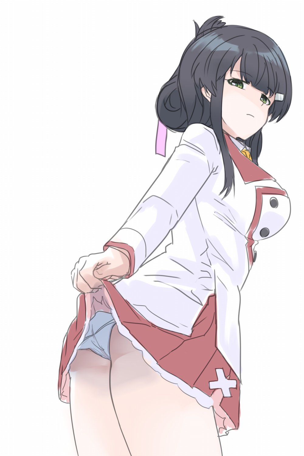 1girl black_hair blunt_bangs breasts caught_staring closed_mouth clothes_lift commentary_request cowboy_shot folded_ponytail from_behind frown green_eyes highres large_breasts lifting_own_clothes long_sleeves looking_at_viewer looking_back mashitono_desu miniskirt minoseki_gakuin_uniform panties pleated_skirt red_skirt school_uniform shirt simple_background skirt skirt_lift solo standing toji_no_miko underwear white_background white_panties white_shirt winter_uniform yanase_mai