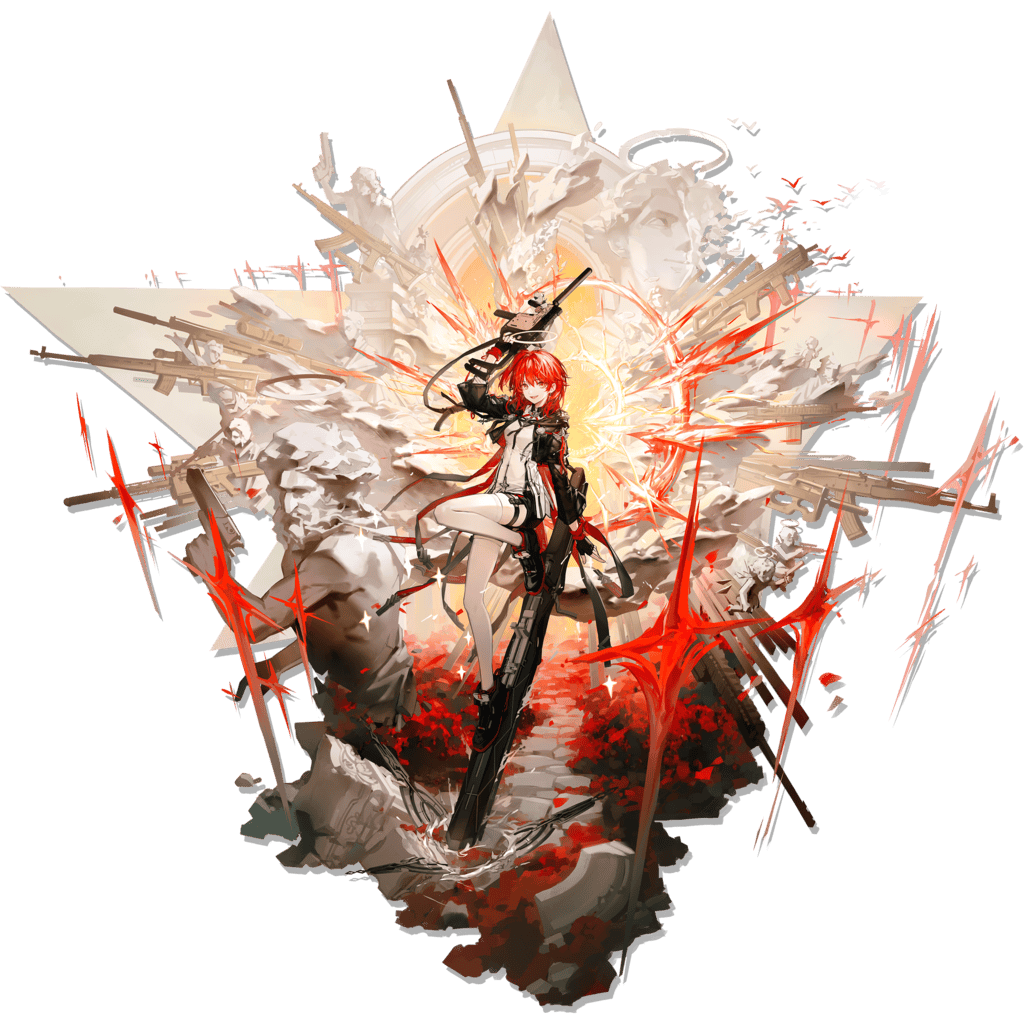 1girl arknights artist_request black_gloves black_jacket breasts cropped_jacket detached_wings dress energy_wings exusiai_(arknights) exusiai_the_new_covenant_(arknights) fingerless_gloves full_body game_cg gloves gun halo jacket kriss_vector looking_at_viewer red_hair smile solo submachine_gun thighhighs third-party_source traditional_halo transparent_background weapon white_halo white_thighhighs wings
