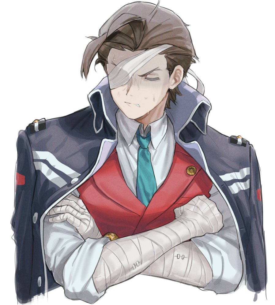 1boy ace_attorney apollo_justice aqua_necktie bandage_over_one_eye bandaged_arm bandages black_jacket brown_hair clenched_teeth closed_eyes collared_shirt cropped_torso crossed_arms jacket jacket_on_shoulders lapel_pin male_focus mmmr_777 necktie phoenix_wright:_ace_attorney_-_dual_destinies red_vest shirt simple_background solo sweat teeth vest white_background white_shirt
