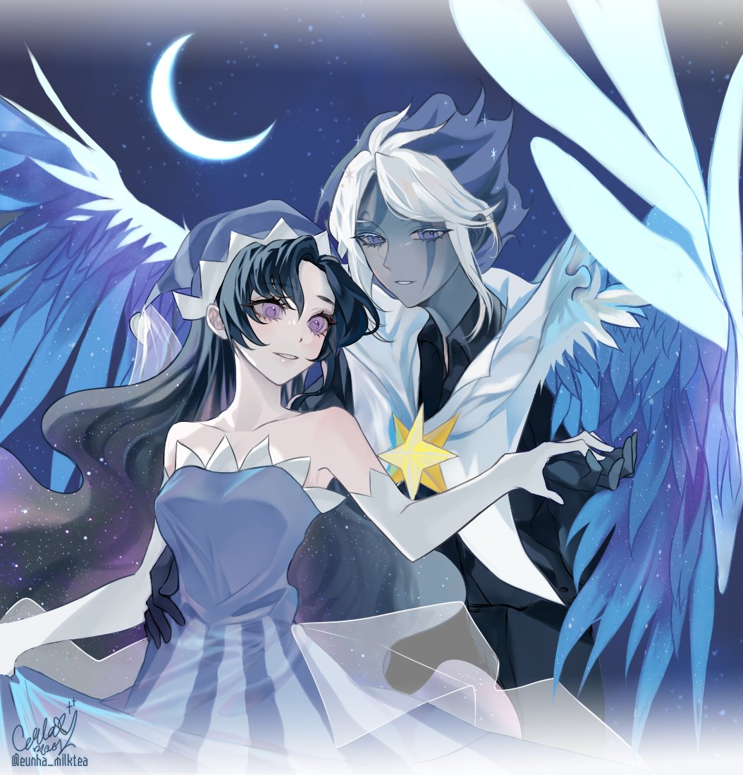 1boy 1girl antenna_hair bare_shoulders behind_another black_hair black_pants black_shirt bloom blue_dress blue_eyes blue_hair blue_hat blue_sky blue_wings breasts brother_and_sister collarbone collared_shirt colored_skin commentary_request cookie_run cookie_run:_kingdom cowboy_shot crescent_moon dress elbow_gloves eunha_milktea feathered_wings gloves grey_skin grin half-closed_eyes hand_on_another&#039;s_hip hat holding_hands humanization korean_commentary light_particles long_hair looking_at_another looking_at_viewer medium_breasts moon moonlight_cookie multicolored_hair night outdoors pale_skin pants parted_bangs parted_lips purple_eyes scar scar_across_eye scar_on_face shirt short_hair siblings sidelocks sky smile sparkle stardust_cookie strapless strapless_dress striped_clothes striped_dress turning_head twitter_username two-tone_hair vertical-striped_clothes vertical-striped_dress very_long_hair wavy_hair white_gloves white_hair wings witch_hat yellow_brooch