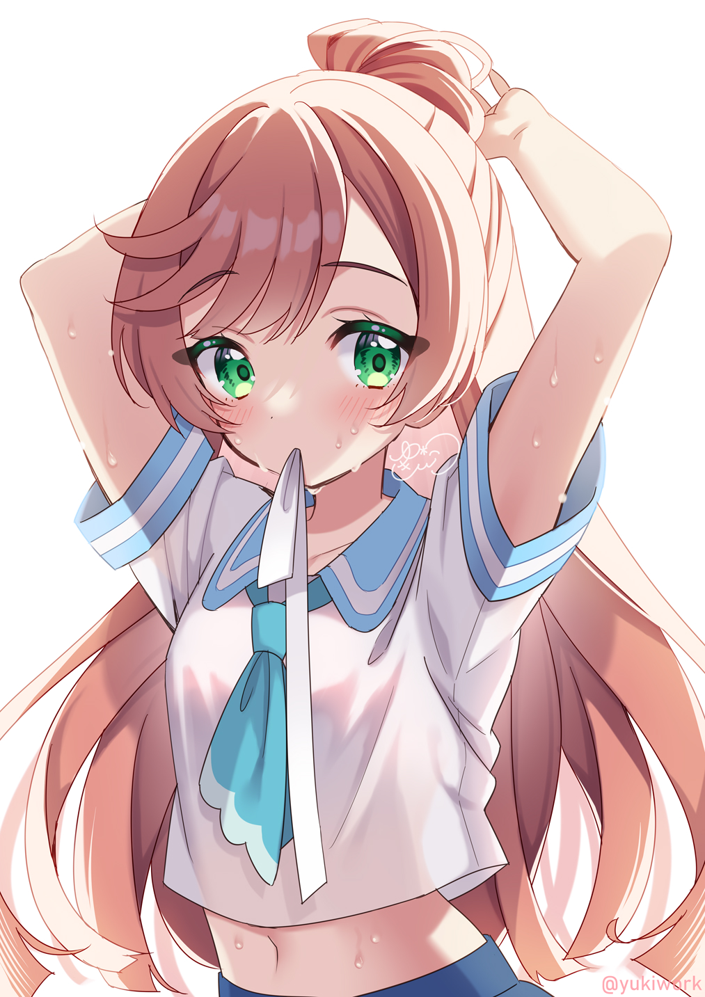 1girl aqua_ascot arms_up artist_name backlighting blue_skirt blush collared_shirt green_eyes hair_tie_in_mouth hand_in_own_hair highres hirogaru_sky!_precure long_hair midriff_peek mouth_hold navel nijigaoka_mashiro pink_hair precure ribbon school_uniform shirt short_sleeves signature skirt solo sorashido_academy_school_uniform summer_uniform sweat twitter_username tying_hair white_background white_ribbon white_shirt yukinko_(yukiwork)