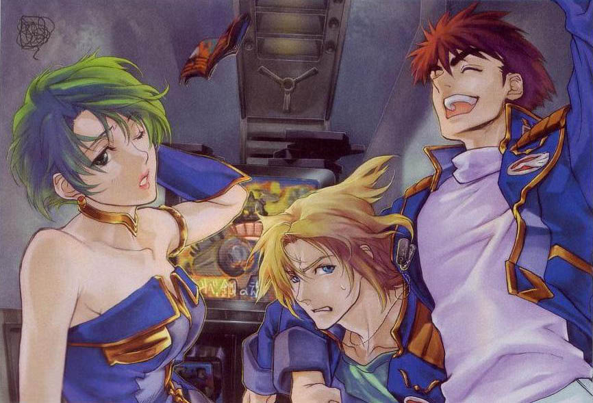 1girl 2boys aya_kobayashi banpresto bare_shoulders blonde_hair brown_hair dog_tags earrings elbow_gloves gloves green_hair ichimura_yuu jewelry multiple_boys raidese_f_branstein ryuusei_date super_robot_wars super_robot_wars_original_generation television
