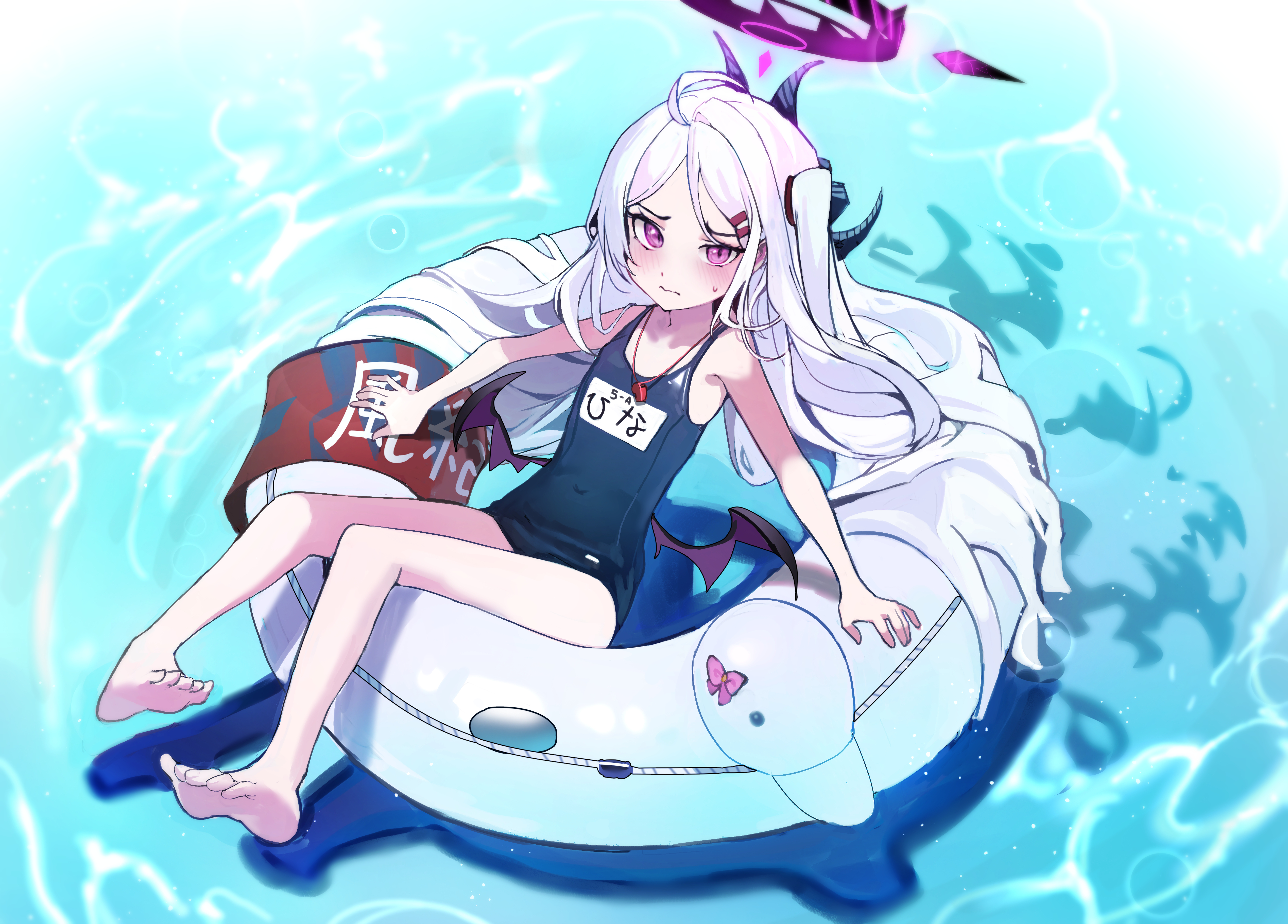 1girl absurdres barefoot blue_archive blue_one-piece_swimsuit blush closed_mouth commentary_request demon_girl demon_horns demon_wings duck_innertube feet full_body highres hina_(blue_archive) hina_(swimsuit)_(blue_archive) horns innertube long_hair looking_at_viewer low_wings mamo_(user_jjca7524) mini_wings multiple_horns name_tag official_alternate_costume old_school_swimsuit on_innertube one-piece_swimsuit purple_eyes school_swimsuit solo swim_ring swimsuit toes water whistle whistle_around_neck white_hair white_innertube wings