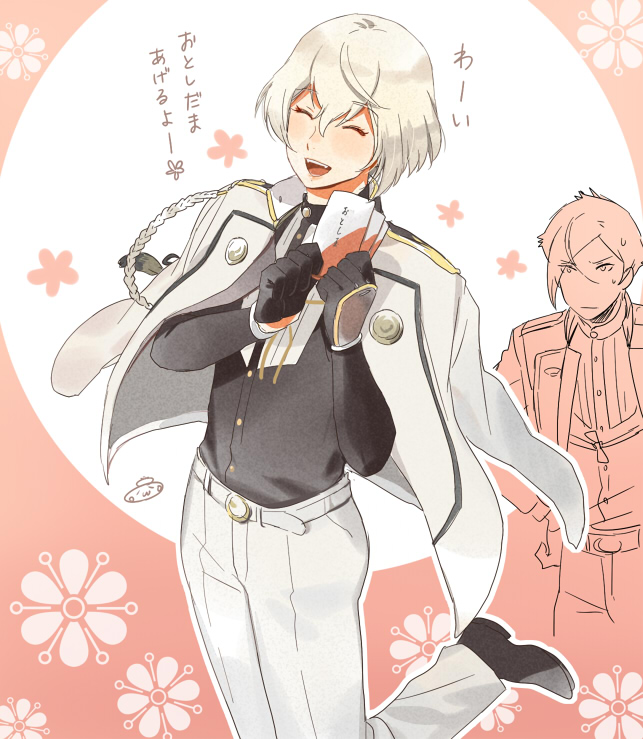 10s 2boys ^_^ black_gloves blonde_hair closed_eyes closed_eyes eyes_visible_through_hair flower gloves higekiri_(touken_ranbu) hizamaru_(touken_ranbu) jacket jacket_on_shoulders male_focus mizuhara_aki multiple_boys open_mouth smile standing standing_on_one_leg touken_ranbu translation_request