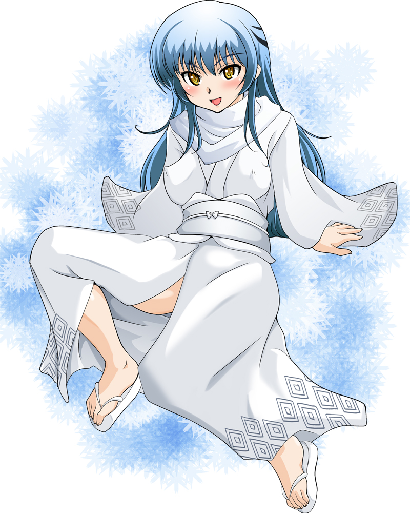 1girl 2010 blue_hair blush breasts japanese_clothes kimono large_breasts long_hair looking_at_viewer medium_breasts nurarihyon_no_mago oikawa_tsurara open_mouth ryumage sandals sitting smile white_kimono white_sandals yellow_eyes yuki_onna_(nurarihyon_no_mago)