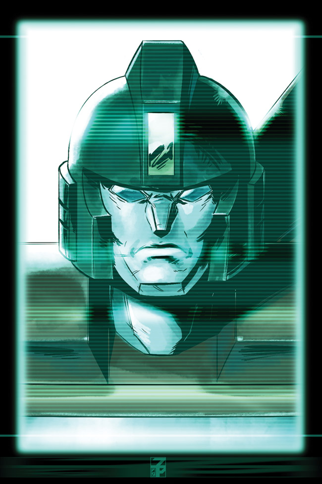 autobot blue_eyes codec_call commentary dyemooch english_commentary looking_at_viewer mecha metal_gear_(series) metal_gear_solid parody perceptor_(transformers) portrait robot science_fiction scowl solo transformers