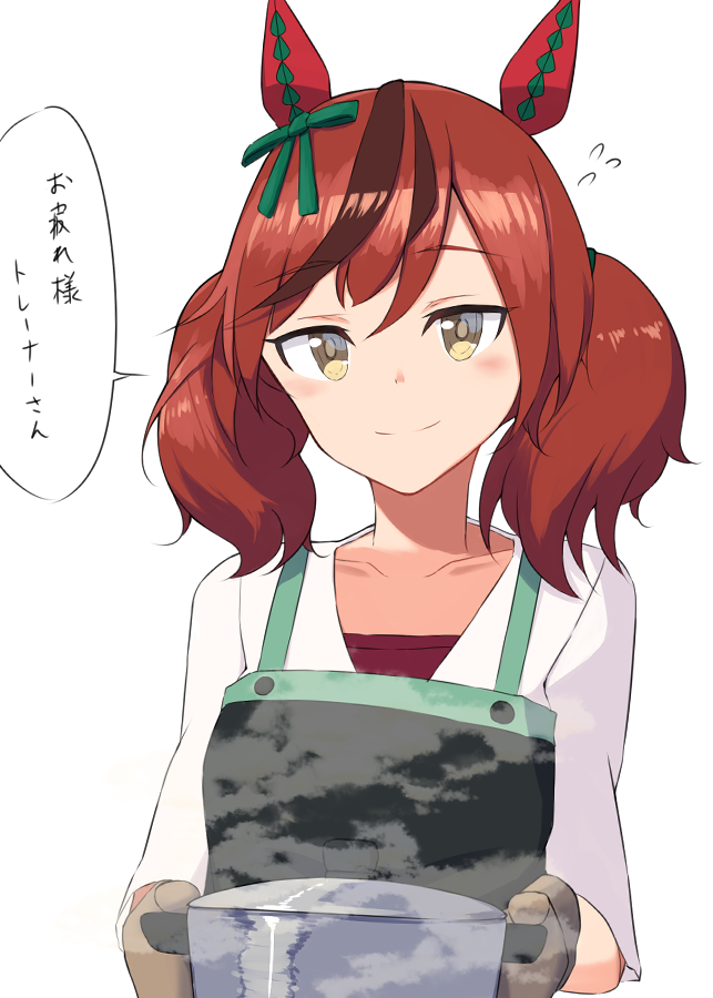 1girl animal_ears apron black_apron brown_eyes brown_hair closed_mouth commentary cooking_pot ear_covers flying_sweatdrops green_ribbon hair_ribbon holding holding_cooking_pot horse_ears horse_girl long_sleeves looking_at_viewer medium_hair multicolored_hair nice_nature_(umamusume) oven_mitts ribbon shirt simple_background smile solo streaked_hair translated tsuru_(tsubasa1993621) twintails umamusume upper_body white_background white_shirt