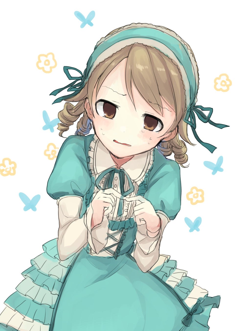 1girl blush brown_eyes dress drill_hair female_focus green_dress hairband highres idolmaster idolmaster_cinderella_girls light_brown_hair long_hair looking_at_viewer lvetica morikubo_nono open_mouth ringlets solo sweatdrop wavy_mouth