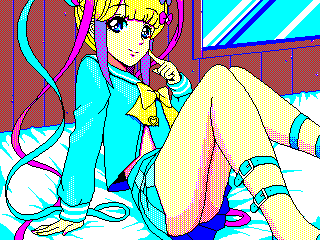 1980s_(style) 1girl 8-bit arm_support blonde_hair blue_eyes blue_hair blue_shirt blue_skirt bow chouzetsusaikawa_tenshi-chan commentary_request dithering eencya finger_to_cheek hair_bow hair_ornament heart heart_hair_ornament indoors leg_belt long_hair long_sleeves looking_at_viewer multicolored_hair multicolored_nails multiple_hair_bows needy_girl_overdose oldschool on_bed pink_bow pink_hair pink_nails pixel_art pleated_skirt purple_bow quad_tails retro_artstyle sailor_collar school_uniform serafuku shirt sitting skirt smile solo very_long_hair window yellow_bow yellow_nails