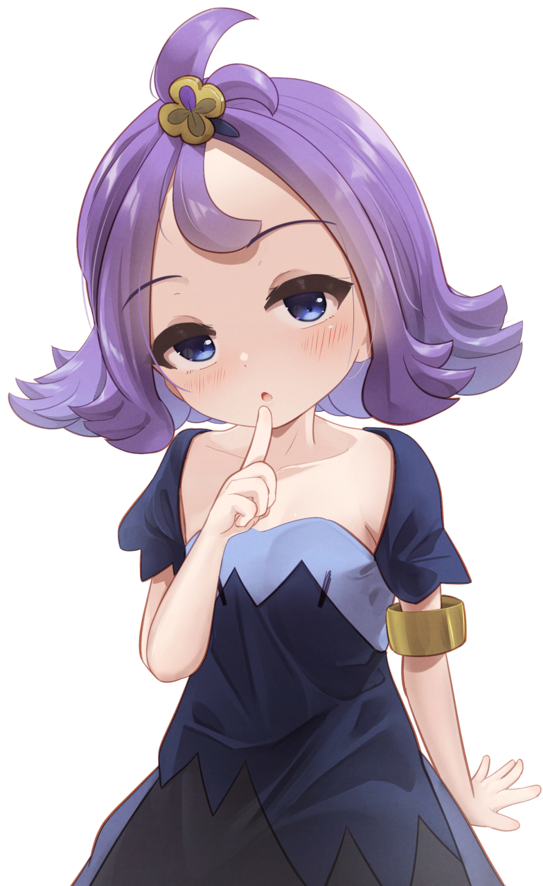1girl :o acerola_(pokemon) armlet blue_eyes blush collarbone commentary_request dress flipped_hair hair_ornament hand_up head_tilt highres index_finger_raised jewelry looking_at_viewer nintendo open_mouth oren_(770len) pokemon pokemon_sm purple_hair short_sleeves solo stitches topknot white_background