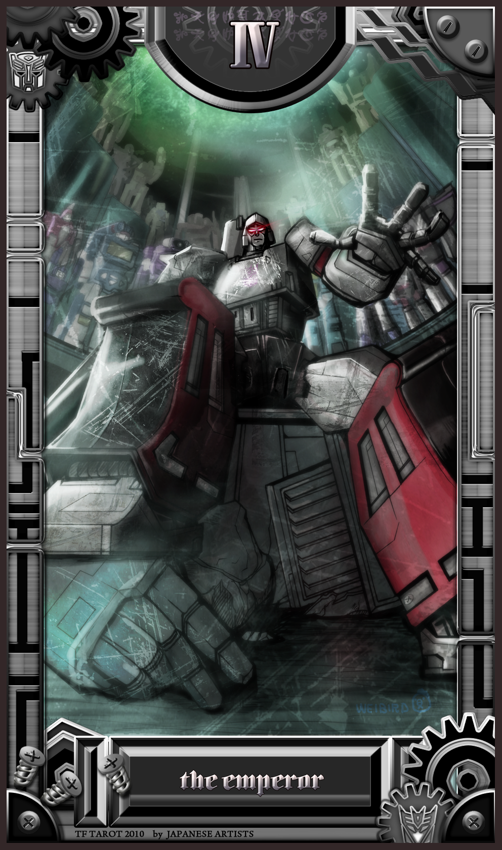 army astrotrain card_(medium) corpse decepticon frenzy_(transformers) gears glowing glowing_eyes hail highres mecha megatron robot rumble_(transformers) screw shockwave_(transformers) sitting sora_(weibird) soundwave_(transformers) tarot tarot_(medium) the_empress_(tarot) throne thrust_(transformers) thundercracker transformers transformers:_generation_1